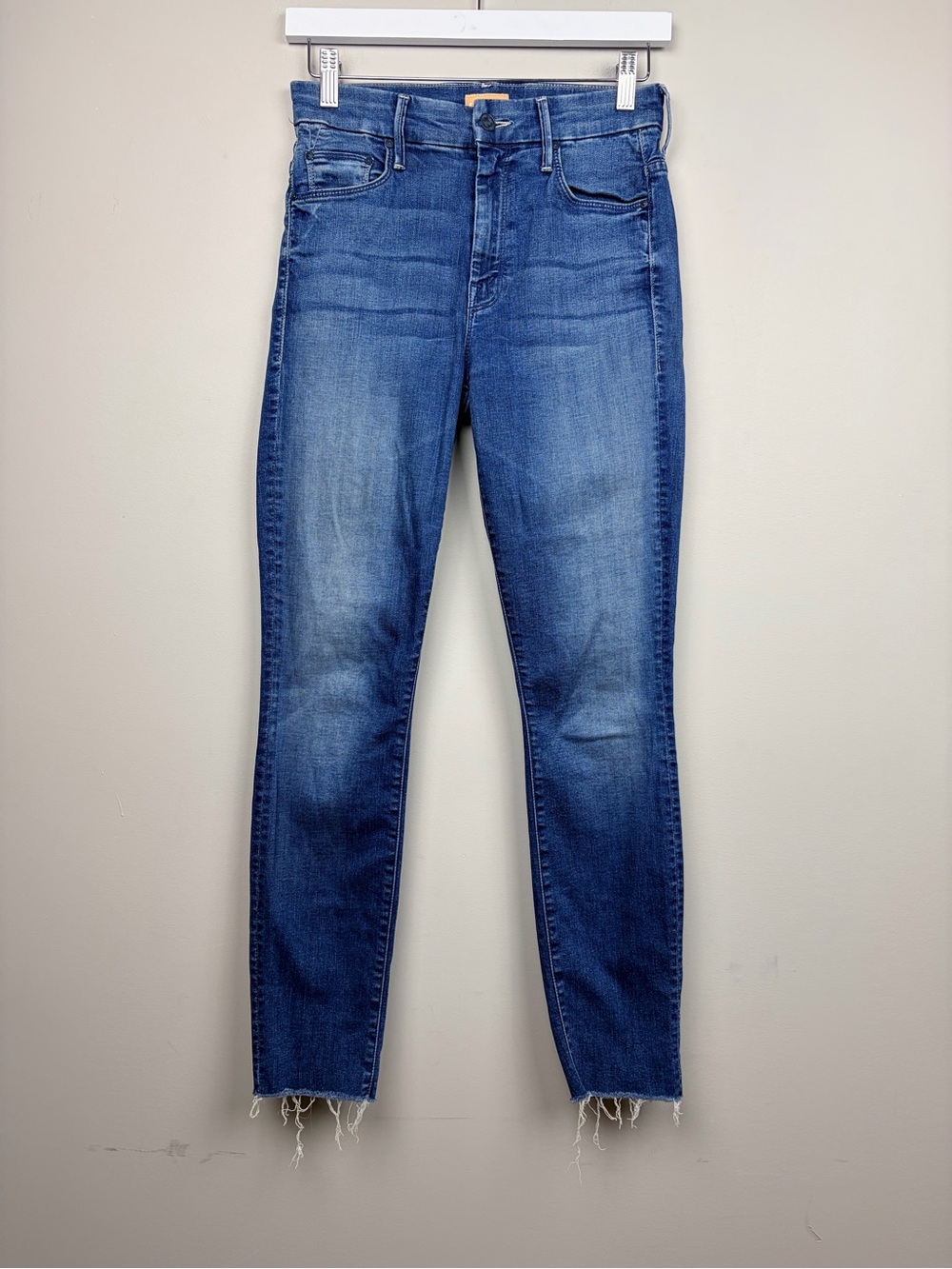 MOTHER High Waisted Looker Ankle Fray Jeans 26 Lure Me In Blue Skinny Raw Hem